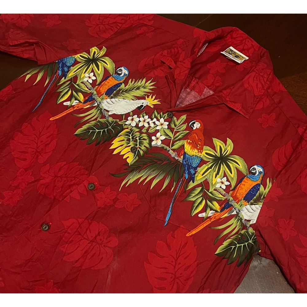 Winnie Fashion Vintage Hawaiian Shirt Mens XL Red Parrot Tropical Made Hawaii